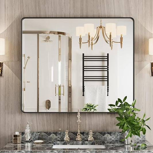 JISOSO Black Bathroom Mirror 30X36 Inch, Black Metal Framed Mirror for Wall, Rounded Rectangle Matte Bathroom Vanity Mirror with Tempered Glass, Anti-Rust, Horizontal/Vertical