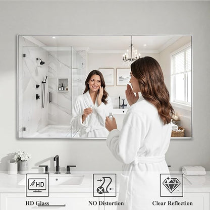 Koonmi Silver Rectangle Wall Mirror, 30x55 Inch Bathroom Mirror, Aluminum Frame Vanity Mirror for Entryway, Living Room, Bedroom Bathroom, Hangs Horizontally or Vertically