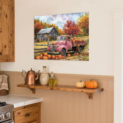 LB Fall Pumpkin Truck Wall Art Vintage Red Truck with Autumn Pumpkins in Farm Canvas Wall Art Farmhouse Harvest Wall Art Decor for Living Room Bedroom Bathroom Office Framed Ready to Hang 12L x 16W