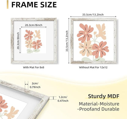 YESKAY 12x12 Picture Frame Set of 9, Photo Gallery Wall Frame Set, Display Pictures 8x8 with Mat or 12 x 12 Without Mat, Square Frame Picture Frames Collage Wall Decor, Distressed White