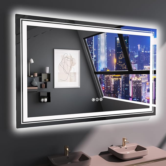 Snowdool LED Bathroom Mirror, 55"X36" with Front and Backlit, Anti-Fog, Large Bathroom Vanity Mirror for Wall, Memory Function, Stepless Dimmable, Tempered Glass (Horizontal/Vertical)