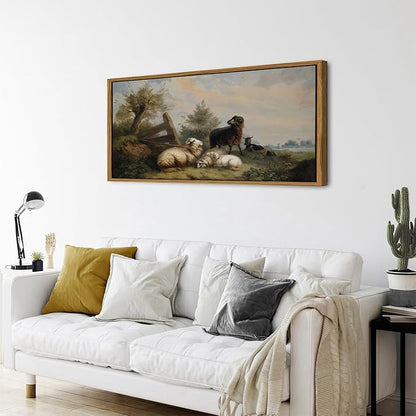 Country Landscape Framed Canvas Wall Art Vintage Sheep Prints Farm Meadow Pasture Scenery Wall Decor Retro Country Animal Trees Painting Countryside Artwork for Bathroom Nursery Home Decoration 24x48