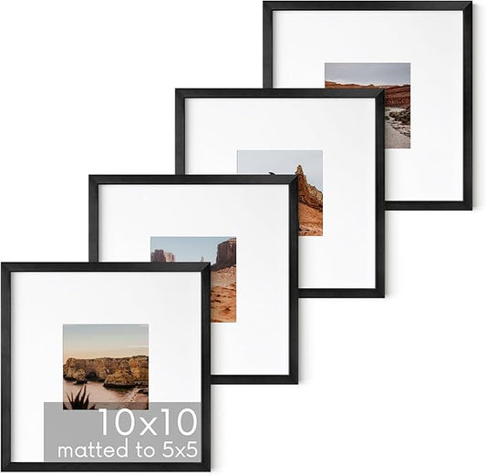 HAUS AND HUES 10x10 Black Metal Picture Frames Matted to 5x5 - Features Premium Aluminum & Hanging Hardware, Shatterproof Plexiglass - Ideal for Home, Room, Office (10x10 in, Black, Set of 4)