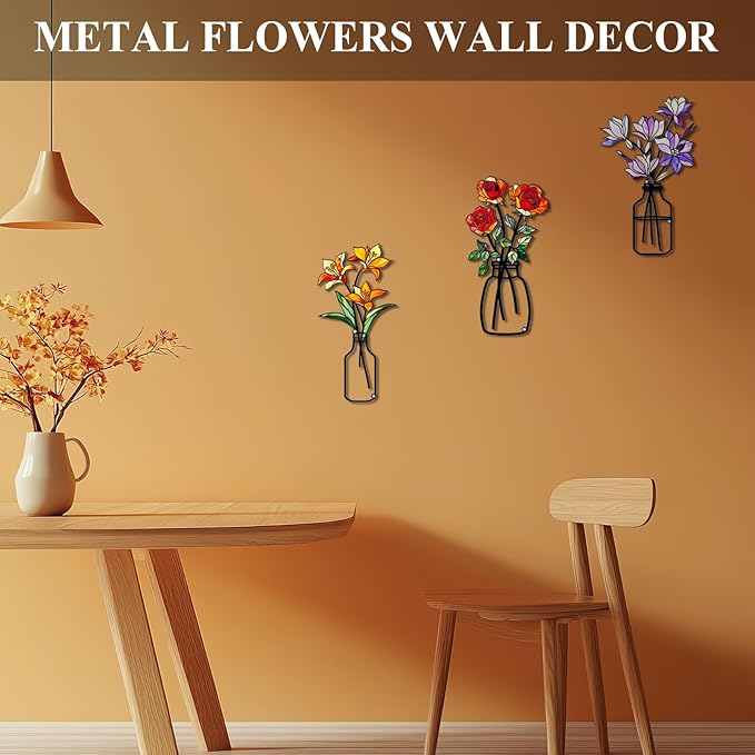 Fanjashn 3 Pcs Metal Flowers Wall Art, Floral Art Wall Decor, Minimalist Flower Wall Decor for Living Room, Bathroom, Bedroom, Kitchen and Dining Room