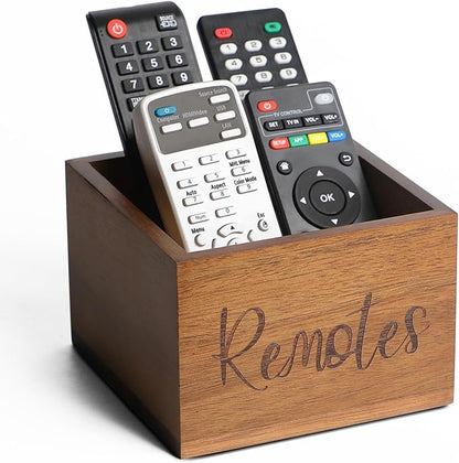 LBEMEY Acacia Wood Remote Control Holder Caddy, TV Organizer for Table, Vintage Farmhouse Desk Caddy (Brown for 3+ Controls)