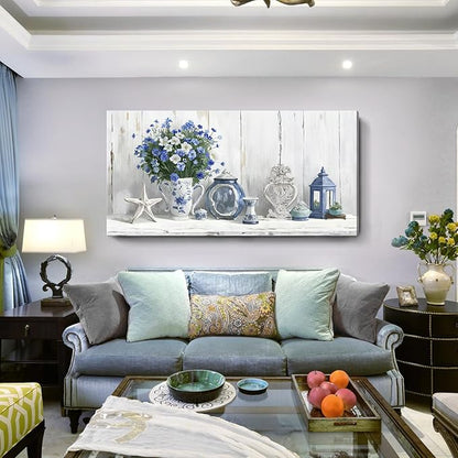 Nicetop Oversized Vintage Wall Art – Rustic Coastal Still Life Floral Canvas Print Country Farmhouse Cottagecore Shabby Chic Style Botanical Artwork Blue Picture for Large Living Room Kitchen 58x29Inch