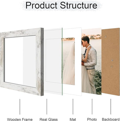 iRahmen 8x8 Picture Frame with Mat 6x6 - High Definition Real Glass Wooden Photo Frames for Tabletop Display and Wall Mounting (Distressed-White, Set of 2)