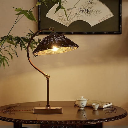 Woven Rattan Table Lamp, Boho Handmade Rattan Shade, Anti-Rust Iron Base Vintage Dark Brown Plug in Desk Lamp, Plug & Play Bedside Nightstand Lamp for Bedroom Living Room Home Office, Bulb Included