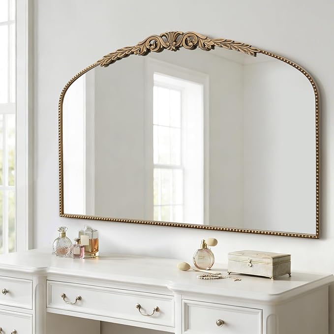 Besdomus Gold Large Fireplace Mirror: 48"x 33" Baroque Vintage Arched Mirror - Traditional Ornate Antique for Bathroom/Vanity/Mantel/Bedroom/Entryway/Hallway - Home Decor for Living Room