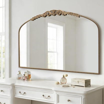 Besdomus Gold Large Fireplace Mirror: 48"x 33" Baroque Vintage Arched Mirror - Traditional Ornate Antique for Bathroom/Vanity/Mantel/Bedroom/Entryway/Hallway - Home Decor for Living Room