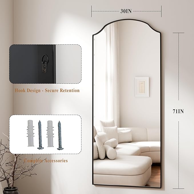 BEAUTYPEAK Full Length Mirror, Full Body Mirrors with Unique Arched Design, 71"x30" Floor Mirror with Aluminum Alloy Frame, Standing Hanging or Leaning for Bedroom and Living Room, Black