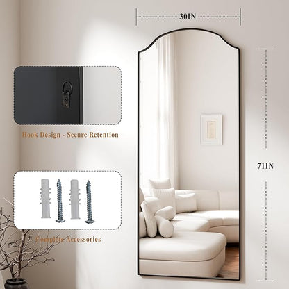 BEAUTYPEAK Full Length Mirror, Full Body Mirrors with Unique Arched Design, 71"x30" Floor Mirror with Aluminum Alloy Frame, Standing Hanging or Leaning for Bedroom and Living Room, Black