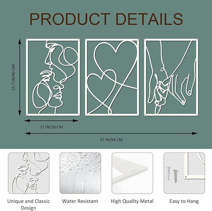 ESTART 3 Pieces Metal Minimalist Line Wall Art, Valentine's Day Lover Kiss Hand Metal Wall Decor, Aesthetic Modern Home Hanging Wall Art Decor for Bedroom Living Room (White)