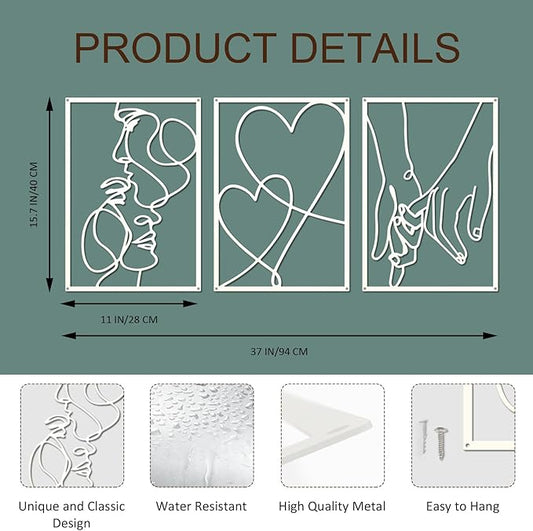 ESTART 3 Pieces Metal Minimalist Line Wall Art, Valentine's Day Lover Kiss Hand Metal Wall Decor, Aesthetic Modern Home Hanging Wall Art Decor for Bedroom Living Room (White)