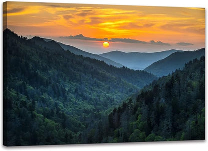 Forest Sunrise Wall Art Decor Great Smoky Mountains Photo Prints National Park Landscape Canvas Painting Artwork Framed for Bedroom Living Room (16x24 inch)