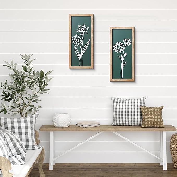 HKBS 3D Wooden Floral Wall Art, Set of 2 Framed Flowers Wall Art Sculptures, Boho Farmhouse Minimalist decor for Bathroom, Bedroom, Living Room, Kitchen or Office Wall Decorations Housewarming Gifts (Green)