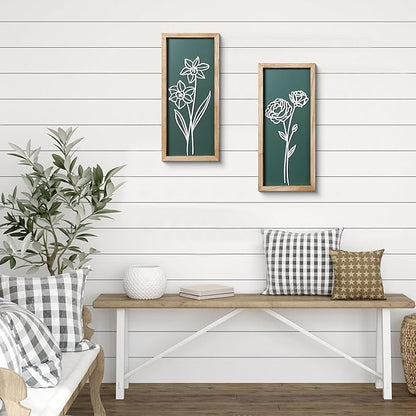 HKBS 3D Wooden Floral Wall Art, Set of 2 Framed Flowers Wall Art Sculptures, Boho Farmhouse Minimalist decor for Bathroom, Bedroom, Living Room, Kitchen or Office Wall Decorations Housewarming Gifts (Green)