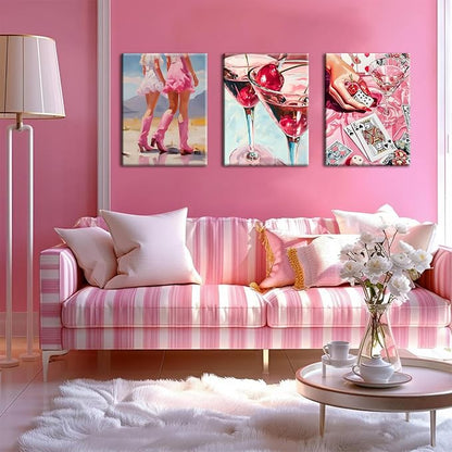 Framed Pink Preppy Wall Art Set of 3, Cowgirl Boots Cherry Cocktail Pictures Wall Decor, Trendy Poker Paintings Canvas Prints Girly Aesthetic Home Decor for Living Room Bedroom Dorm Bar 16x24 inch