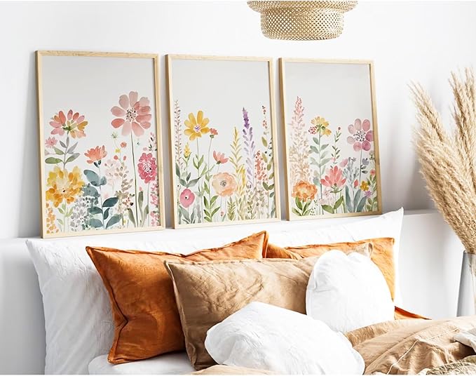 Watercolor Wildflower Wall Art Decor Colorful Flower Pictures Canvas Floral Botanical Wall Art Vintage Prints Poster Floral Painting Artwork for Living Room Bedroom 16x24 Inch Unframed Set of 3