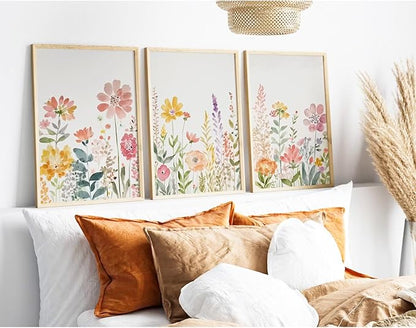Watercolor Wildflower Wall Art Decor Colorful Flower Pictures Canvas Floral Botanical Wall Art Vintage Prints Poster Floral Painting Artwork for Living Room Bedroom 16x24 Inch Unframed Set of 3