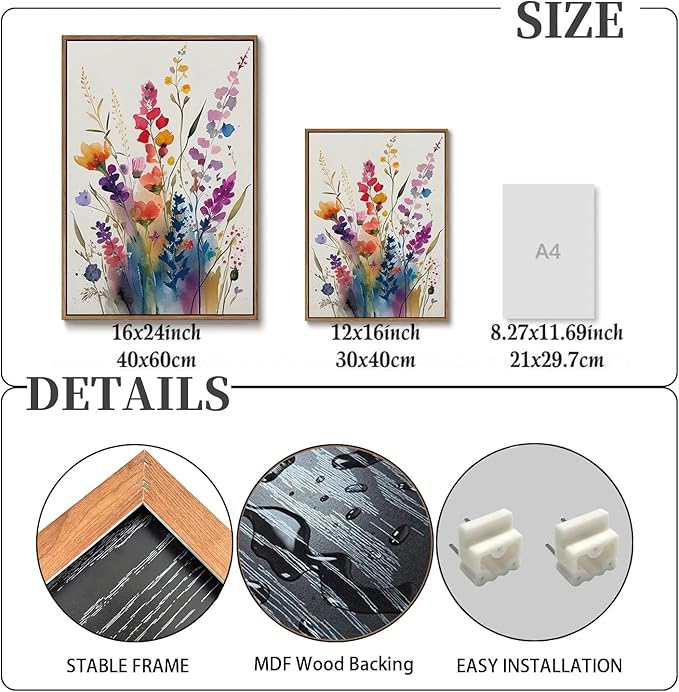 KISSFOX 3 Piece Colorful Wildflower Botanical Framed Wall Art Watercolor Floral Canvas Art Prints Boho Flower Pictures Wall Decor Modern Minimalism Paintings Artwork Girls Bedroom Living Room Bathroom