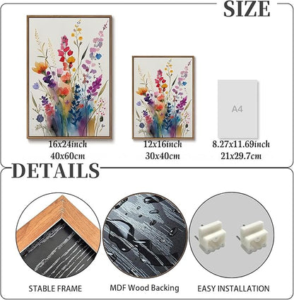 KISSFOX 3 Piece Colorful Wildflower Botanical Framed Wall Art Watercolor Floral Canvas Art Prints Boho Flower Pictures Wall Decor Modern Minimalism Paintings Artwork Girls Bedroom Living Room Bathroom