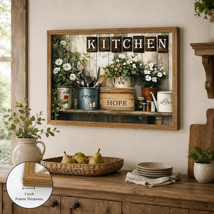 Framed Rustic Kitchen Wall Art Inspirational Kitchen Painting Picture Decor Country Daisy Poster Print Artwork for Restaurant Home Decoration