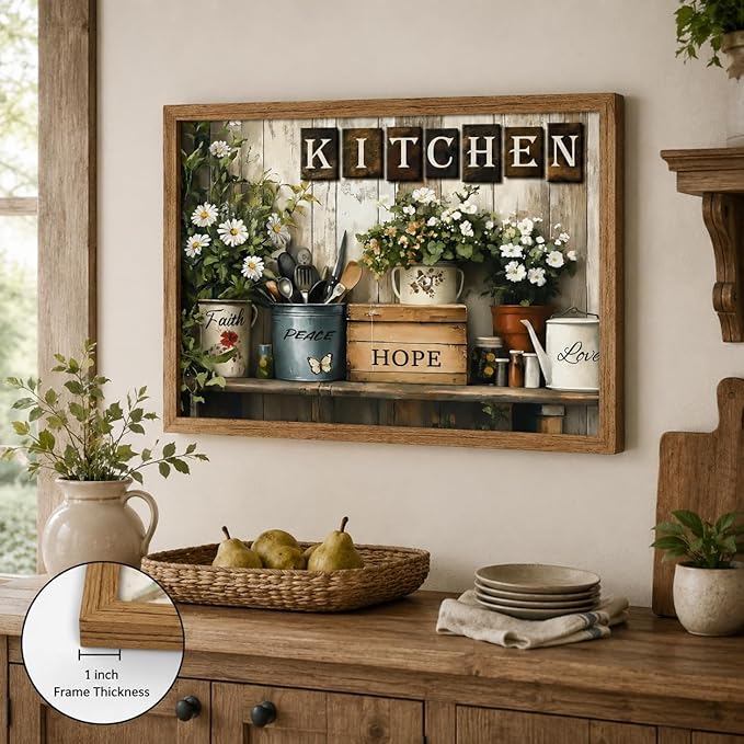 Framed Rustic Kitchen Wall Art Inspirational Kitchen Painting Picture Decor Country Daisy Poster Print Artwork for Restaurant Home Decoration
