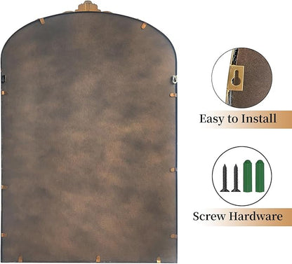 OUSHUAI Gold Antique Mirror,24"X36" Arched Bathroom Mirror,Victorian Antique Bronze Mirrors with Full Matel Frame,Wall Arch Mirror for Entryway/Bathroom/Fireplace