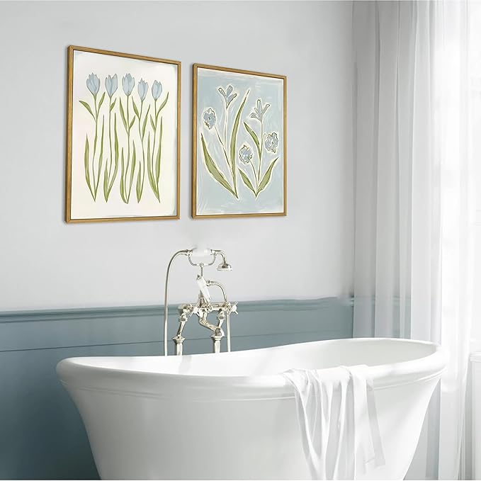 wanyun Blue Tulip Flower Wall Art Set of 2, Watercolor Floral Preppy Canvas Poster Prints, Modern Botanical Painting Aesthetic Picture for Living Room Bedroom Bathroom Apartment Wall Decor 12x16 Inch Framed