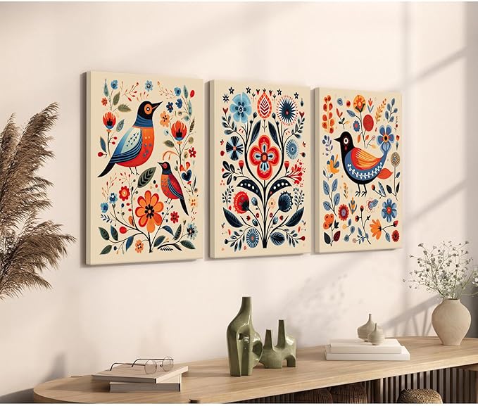Scandinavian Folk Wall Art Nodic Flower Canvas Wall Decor Norwegian Wall Art Poster Swedish Antique Wall Decor Pictures Floral Bird Prints Vintage Poster for Home Kitchen 12x16x3 Inch Ready to Hang