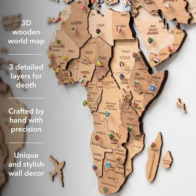 Enjoy The Wood 3D Wooden World Map Wall Art - Large Travel Map with Pins for Art Decor - Decorative Map of the World for Home, Office - Travel Wall Art Housewarming Gift Idea (Light, M, Unframed)