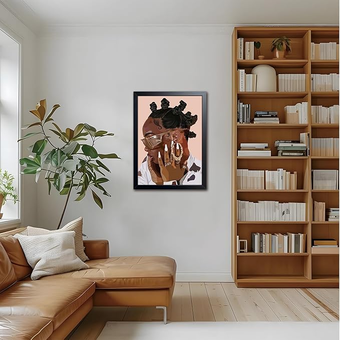 Black Girl Canvas Wall Art, African American Fashion Woman Illustration with, Black Wood Framed Vintage Wall Decor, Girls Room Poster Print for Bedroom Living Room Office 12x16 Inch