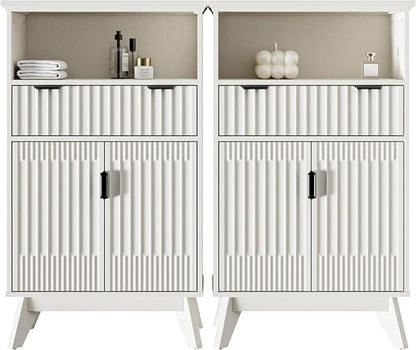 Fatmok Buffet Cabinet with Storage Set of 2, 40" Modern Fluted Coffee Bar Cabinet with Drawer & Open Shelf, Wood Buffet Sideboard Console Table for Entryway, Kitchen, Living Room (White)