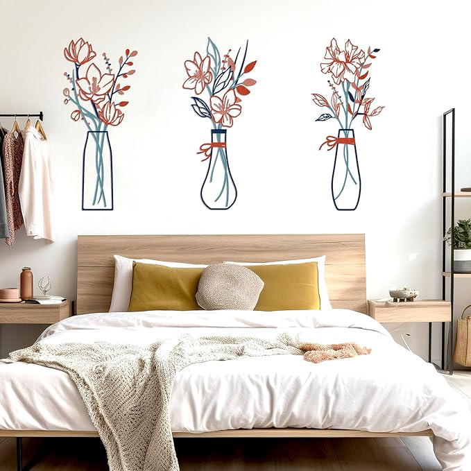 Zzbakress 3 Pcs Metal Flowers Wall Arts Rustic Farmhouse Decor Bathroom Wall Decor Metal Wall Decor for Living-room Dining-Room Kitchen Minimalist Decor Housewarming Gifts (Blue Orange)