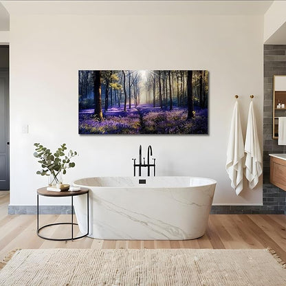 crmotu Purple Landscape Wall Art, Lavender Flower Field Large Artwork, Nature Forest Scenery Canvas Art Prints, Modern Pictures wall Decor Living Room Bedroom, Rustic Farmhouse Decor 24X48 Inches