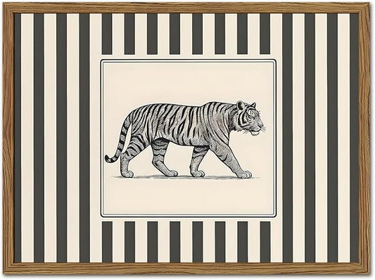 Vintage Tiger Wall Art Wildlife Wall Decor Pictures Black and White Stripe Jungle Animal Poster Canvas Painting Print for Bedroom Living Room Bathroom 16x24 inch Wood Framed