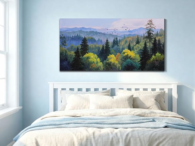Ardemy Forest Landscape Canvas Painting 40"x20" - Nature Wall Art Picture of Mountain Textured Green Tranquil Artwork Framed Large for Living Room Bedroom Dining Room Home Office Wall Decor