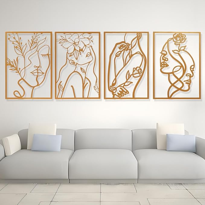 AMAATE Gold Metal Wall Art, 4 Pieces Minimalist Woman Face Line Art Sculpture, Hollowed Out Floral Female Portrait Metal Hanging Decor for Living Room Bedroom Bathroom 17.7" X 26.4" in
