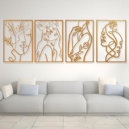 AMAATE Gold Metal Wall Art, 4 Pieces Minimalist Woman Face Line Art Sculpture, Hollowed Out Floral Female Portrait Metal Hanging Decor for Living Room Bedroom Bathroom 14.6" X 22.5" in