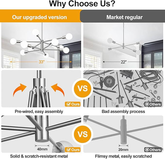 10.9"-52.3" Height Adjustable Sputnik Chandeliers Dining Room Light Fixture (10-Light, 32-Inch), Modern Brushed Nickel Chandelier, Mid Century Modern Chandeliers for Living Room (Bulbs Not Included)