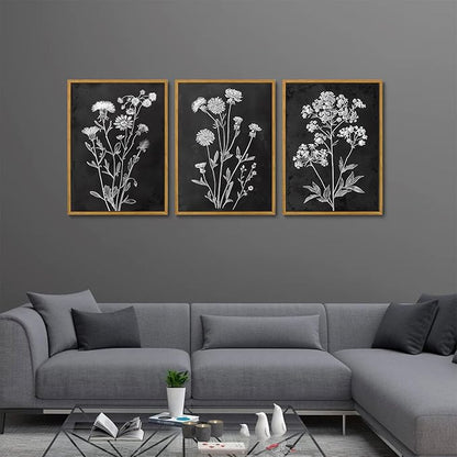 KISSFOX Framed Floral Botanical Canvas Wall Art Vintage Black Background Plant Poster Prints Set of 3 Grey and White Wildflower Painting Modern Farmhouse Decor Pictures Living Room Bathroom Bedroom (Black Floral, 16"x24" Natural Framed)