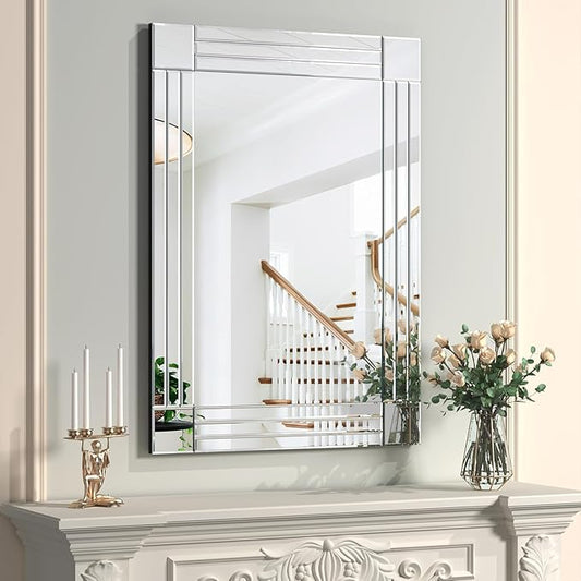 47" x 30" Oversized Decorative Wall Mirror, Large Silver Frameless Glass Rectangle Bathroom Mirror, Wall Mounted Vanity Mirror for Living Room, Master Bathroom, Entryway Foyer