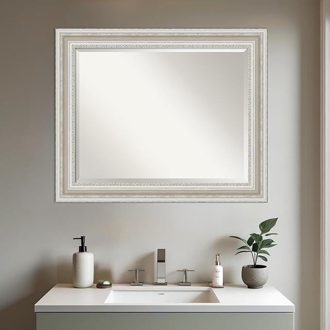 Amanti Art Silver Bathroom Mirror for Over Sink, 28x34 Parlor Silver Rectangle Vanity Mirror, Large Traditional Frame, Hangs Horizonally and Vertically, Bathroom Wall Decor, Beveled Edge