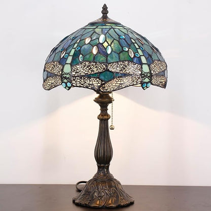 Tiffany Table Lamp Stained Glass Lamp 12X12X19 Inch Antique Reading Light (Blue Dragonfly)