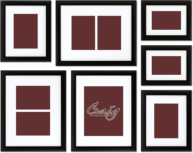 Craig Frames 1WB3BK Picture Frame 7-Piece Wall Set, Black Frames, White Display Mats