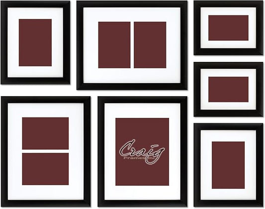 Craig Frames 1WB3BK Picture Frame 7-Piece Wall Set, Black Frames, White Display Mats
