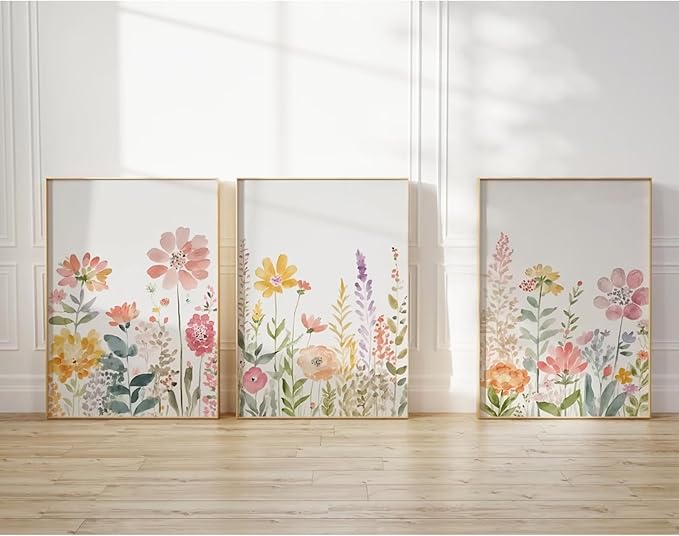 Watercolor Wildflower Wall Art Decor Colorful Flower Pictures Canvas Floral Botanical Wall Art Vintage Prints Poster Floral Painting Artwork for Living Room Bedroom 24x36 Inch Unframed Set of 3