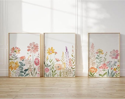 Watercolor Wildflower Wall Art Decor Colorful Flower Pictures Canvas Floral Botanical Wall Art Vintage Prints Poster Floral Painting Artwork for Living Room Bedroom 24x36 Inch Unframed Set of 3
