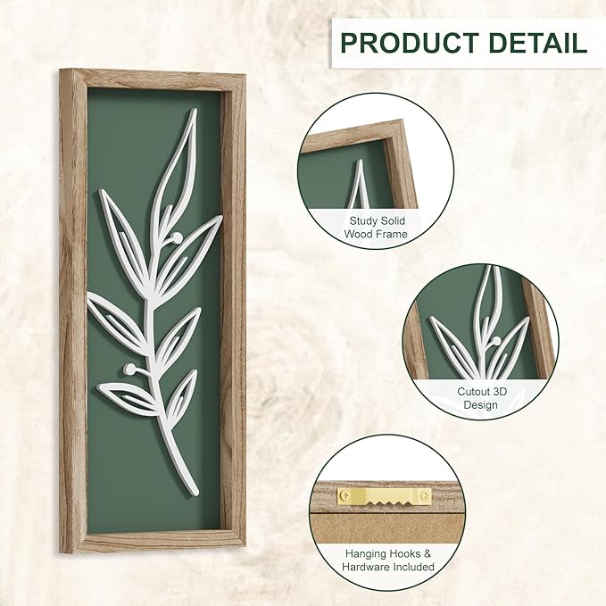 3D Wooden Leaf Sage Green Boho Wall Art (Set of 2) Lightweight, Vintage Framed Bathroom Botanical Wall Art for Bedroom, Living Room, Kitchen,Office and Hallway Decorations